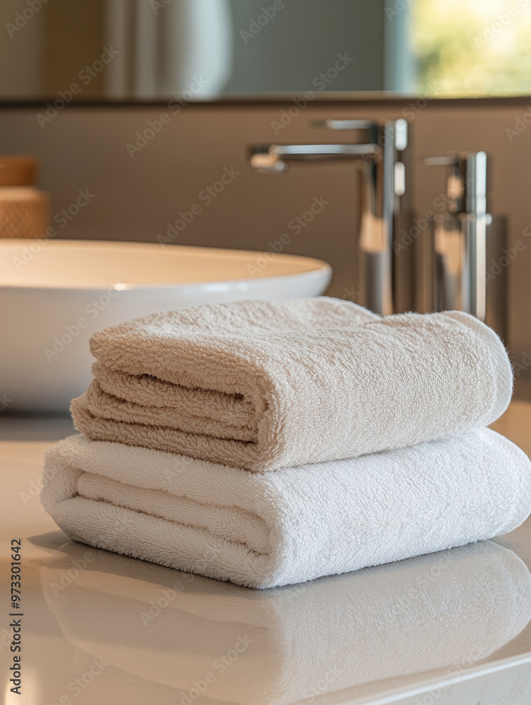 Two folded towels stacked in a modern bathroom. Two folded towels stacked in a modern bathroom.