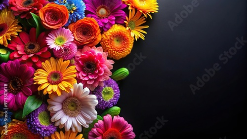 Colorful vibrant flowers reflecting on a black background