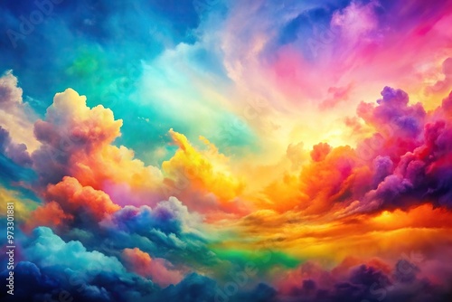 colorful watercolor abstract sunset sky with puffy clouds