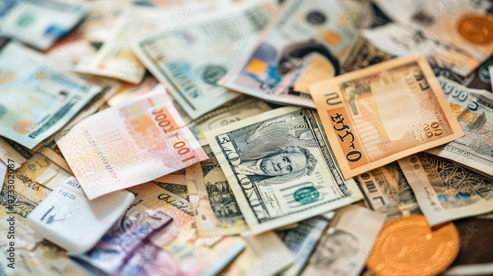 A pile of international currencies including dollars and euros evokes sense of global finance A pile of international currencies including dollars and euros evokes sense of global finance
