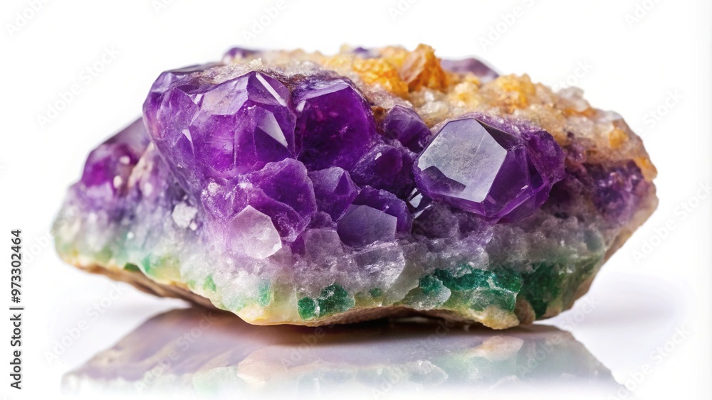 Fototapeta premium Colourful stone and amethyst reflection on white background