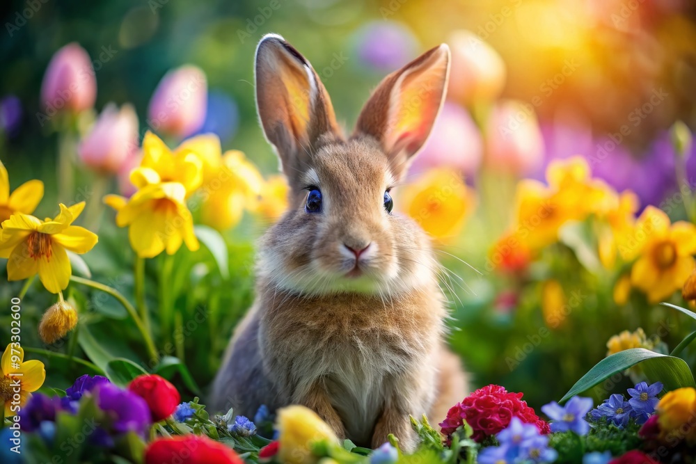 Adorable fluffy bunny rabbit with bright curious eyes and twitching whiskers sits on a bed of colorful spring Adorable fluffy bunny rabbit with bright curious eyes and twitching whiskers sits on a bed of colorful spring