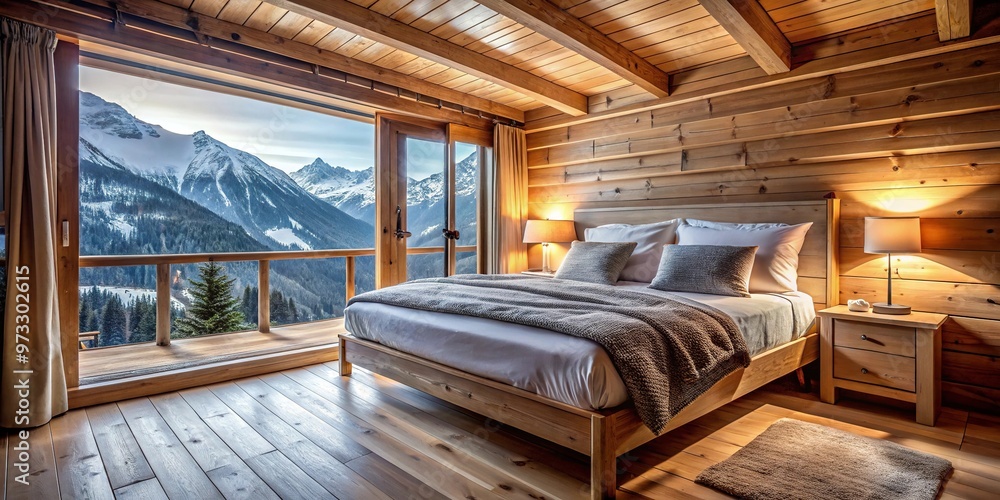 Comfortable cocooning bed in a wooden chalet in the mountains Comfortable cocooning bed in a wooden chalet in the mountains