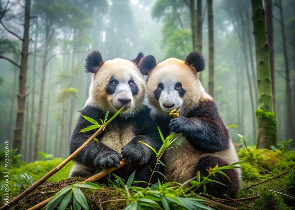 Obraz premium Adorable giant pandas playfully cuddle and snack on bamboo shoots in a lush, misty forest, showcasing their iconic