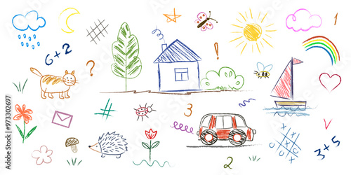 Doodle style set, objects drawn by child, house, cat, hedgehog, car, sailboat, tic-tac-toe, numbers. Children draw with chalk on the board or asphalt.  Simple drawings with colored pencils and crayons