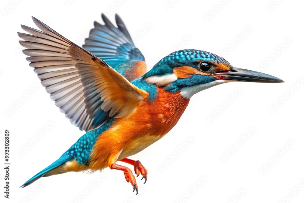 Common flying kingfisher isolated on white background with clipping path focus stacking fisheye Common flying kingfisher isolated on white background with clipping path focus stacking fisheye