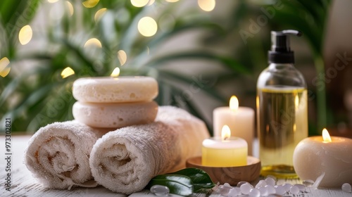 Spa treatment products with a serene aesthetic Close-up photo with clean background