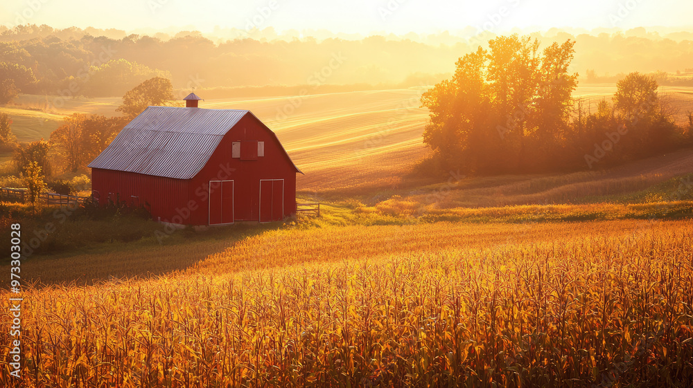 A scenic farm landscape during harvest season with red barn A scenic farm landscape during harvest season with red barn