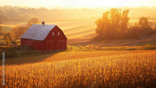 A scenic farm landscape during harvest season with red barn