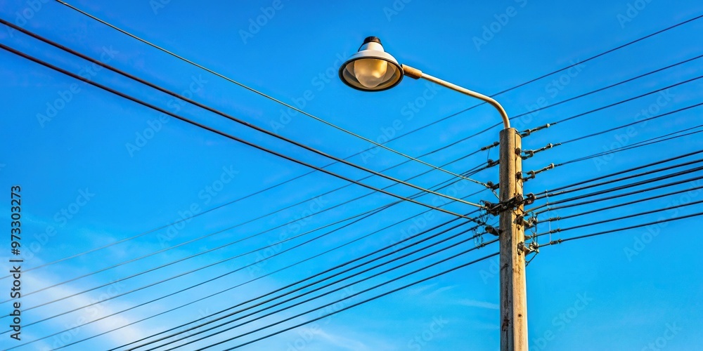 Fototapeta premium Concept = Bird Eye View of Electric wires and street lamp against blue sky