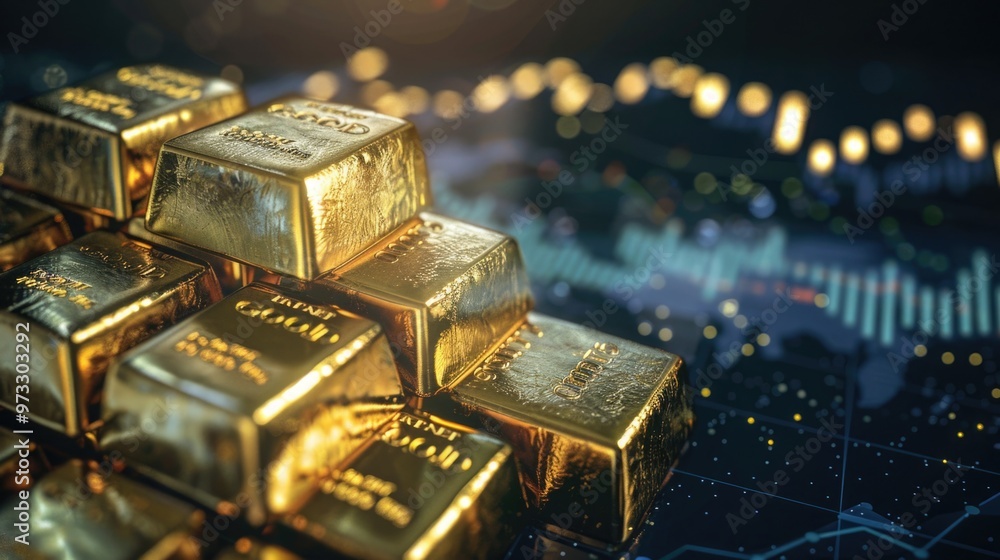 Stack of gold bars with stock market chart in the background. Stack of gold bars with stock market chart in the background.