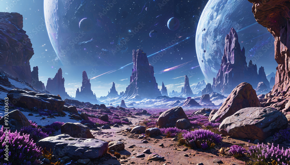 Fototapeta premium Paysage extraterrestre sous un ciel étoilé