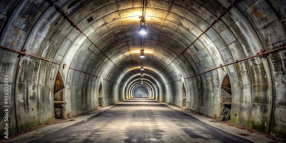 Fototapeta premium Concrete vaulted tunnel in abandoned location with forced perspective