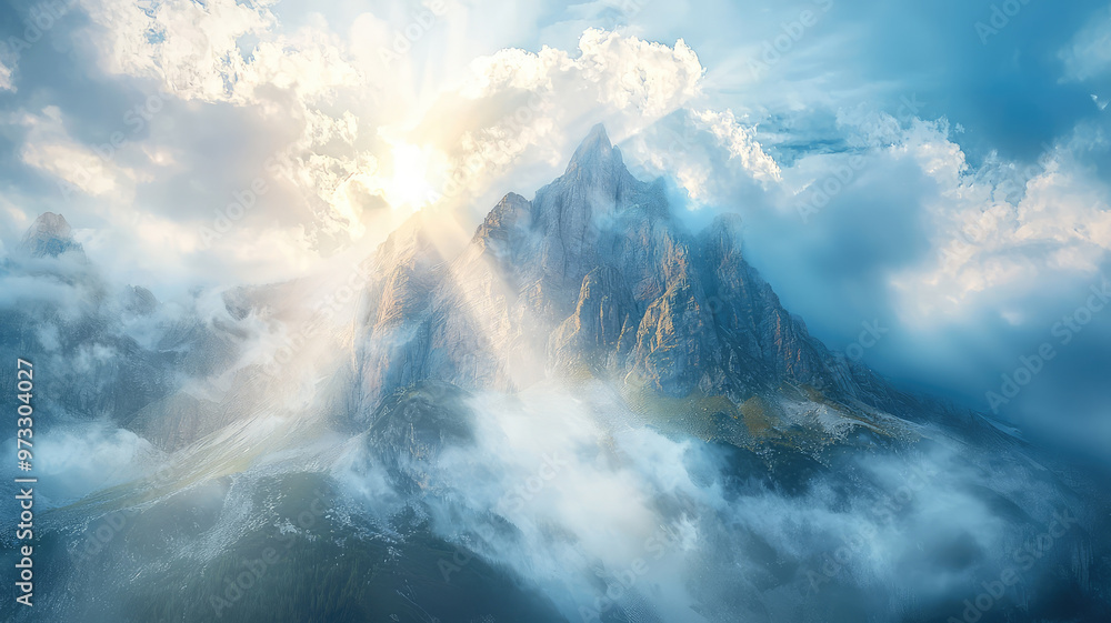 Majestic mountain shrouded in clouds with sun rays illuminating scene Majestic mountain shrouded in clouds with sun rays illuminating scene