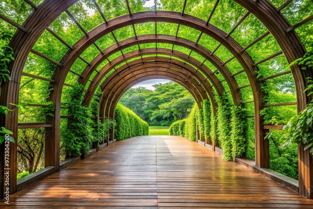 Fototapeta premium contemporary archway with wooden platform and green leaves