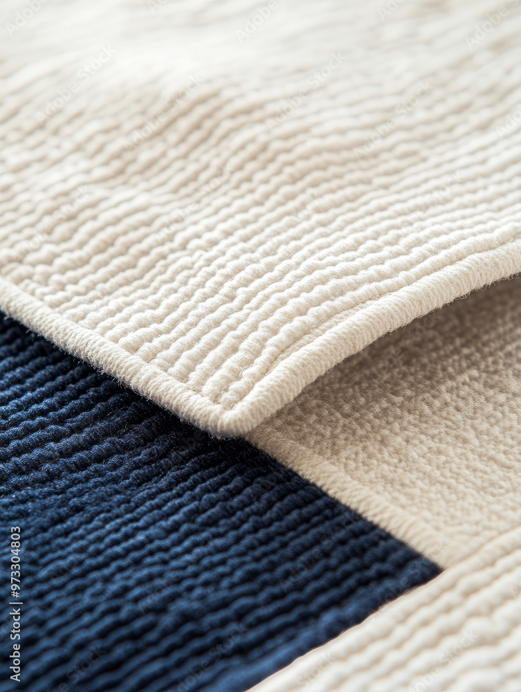 Close-up of textured beige and navy fabric layers.