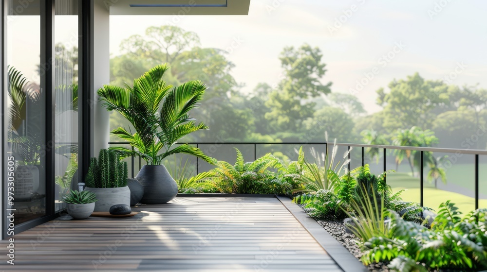 Naklejka premium Stylish balcony featuring a minimalist design with potted plants and a panoramic view of a green landscape. Close-up photo with clean background