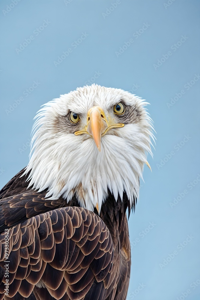 Fototapeta premium AI-generated illustration of a bald eagle against a clear blue sky background.