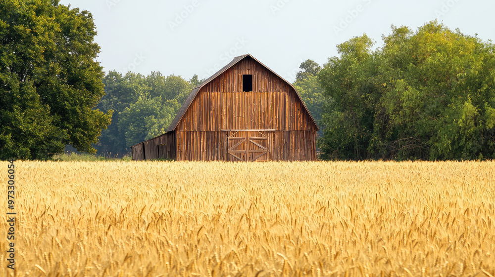 Old wooden barn surrounded by golden wheat fields creates serene landscape Old wooden barn surrounded by golden wheat fields creates serene landscape