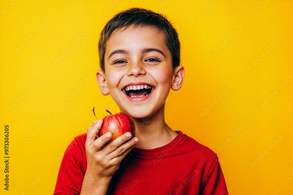Happy boy with apple against yellow background Happy boy with apple against yellow background