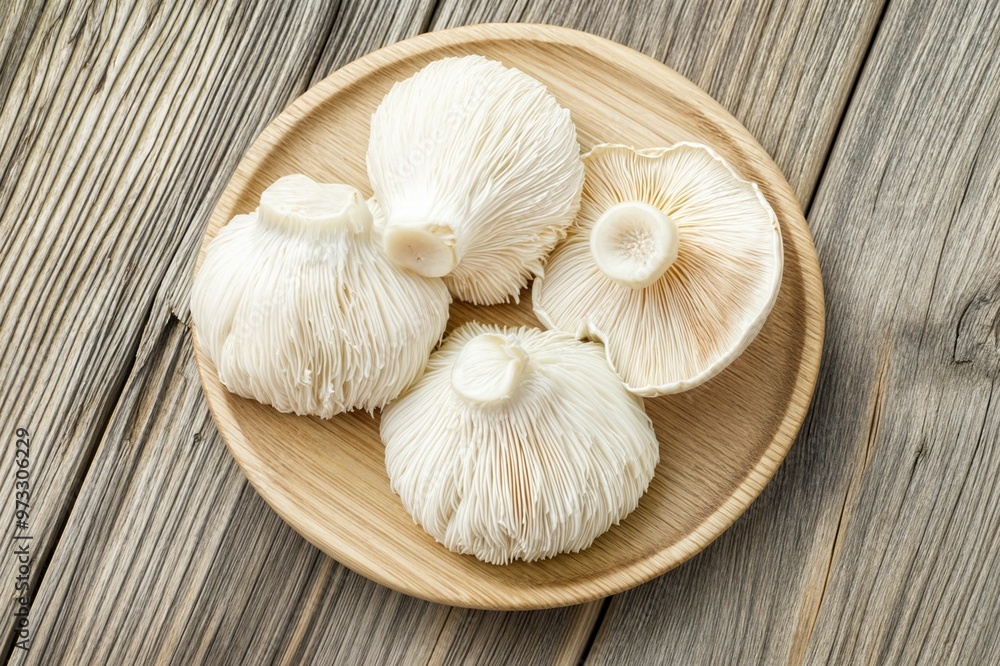 Fresh lion's mane mushrooms on a wooden plate. Fresh lion's mane mushrooms on a wooden plate.