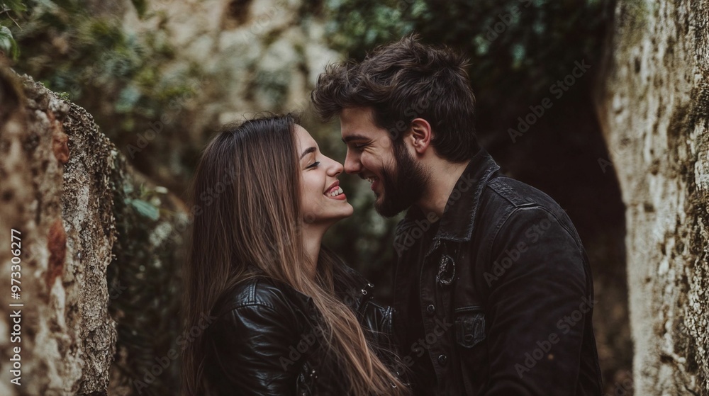 Young couple laughing together outdoors in nature. Young couple laughing together outdoors in nature.