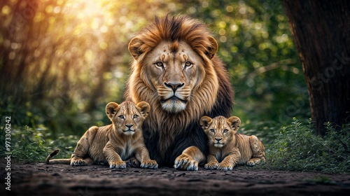 Majestic lion with cubs in the forest under sunlight.
