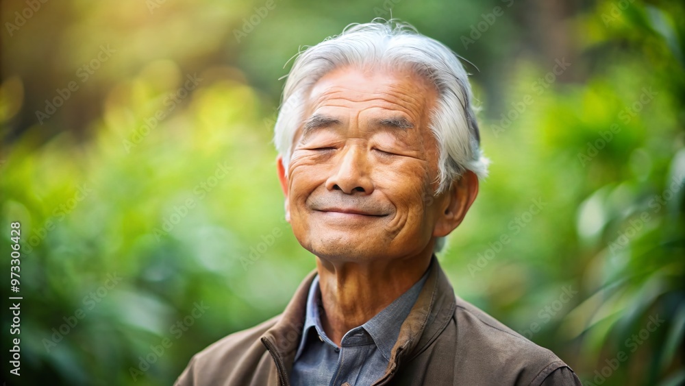 Aged Asian man with wispy grey hair and gentle smile sits in serene natural surroundings, eyes closed, exuding wisdom and inner peace. Aged Asian man with wispy grey hair and gentle smile sits in serene natural surroundings, eyes closed, exuding wisdom and inner peace.