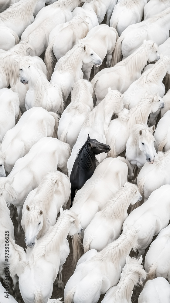 Naklejka premium Single black horse stands out among a vast group of white horses, creating a striking contrast