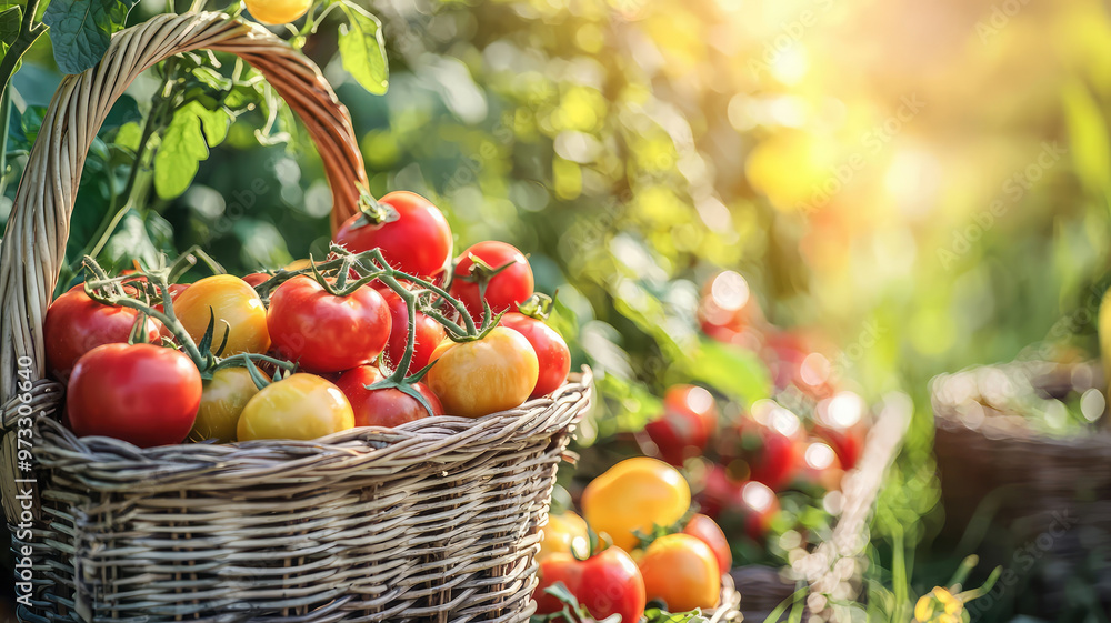 Freshly picked tomatoes bask in sunlight, showcasing vibrant colors Freshly picked tomatoes bask in sunlight, showcasing vibrant colors