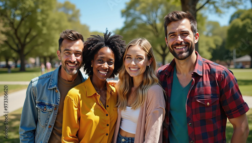 Smiling group of diverse friends posing for a photo outdoors on a sunny day