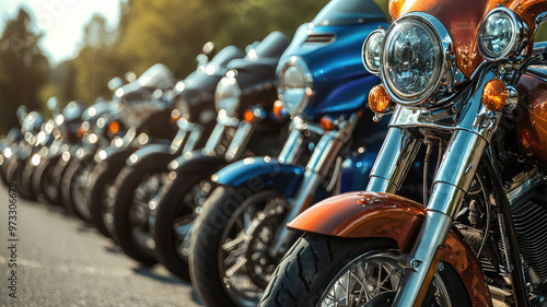 Motorcycles lined up in row, showcasing their shiny chrome and vibrant colors