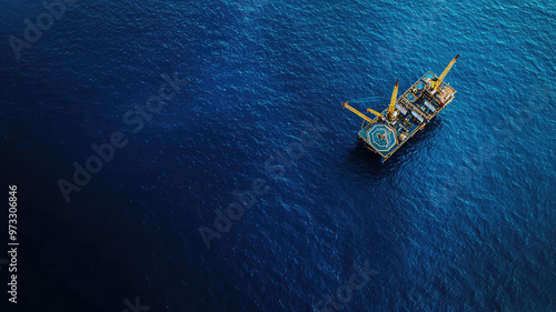 Oil platform surrounded by deep blue ocean water, showcasing industrial engineering photo