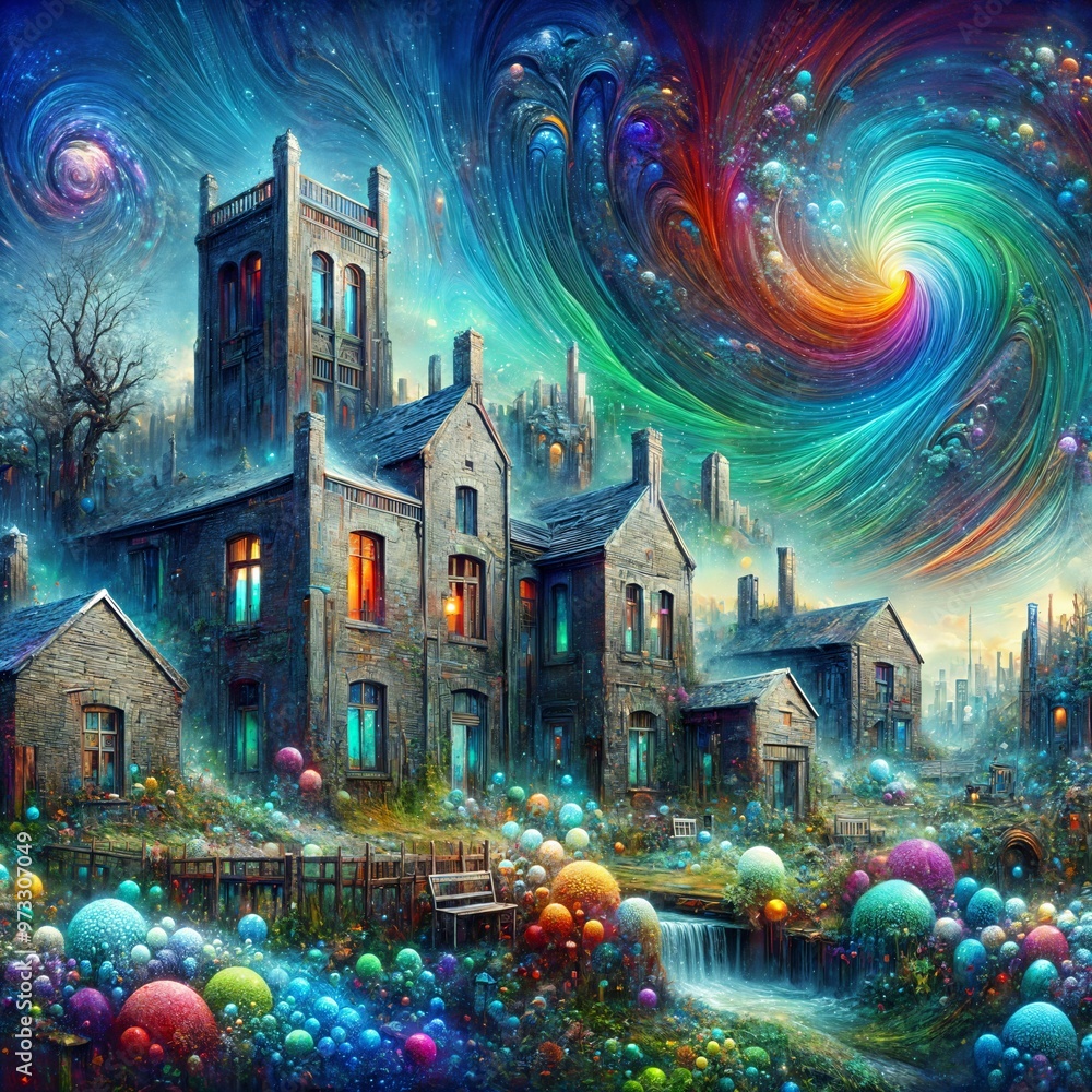 Naklejka premium A surreal landscape depicts a row of old buildings under a swirling sky filled with multicolored spheres. The scene blends fantasy elements with a dreamy, otherworldly atmosphere. (Gen, A.I.)