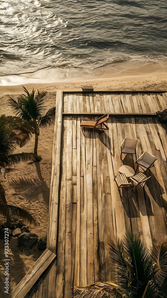 Naklejka premium Wood terrace on the beach and sun light