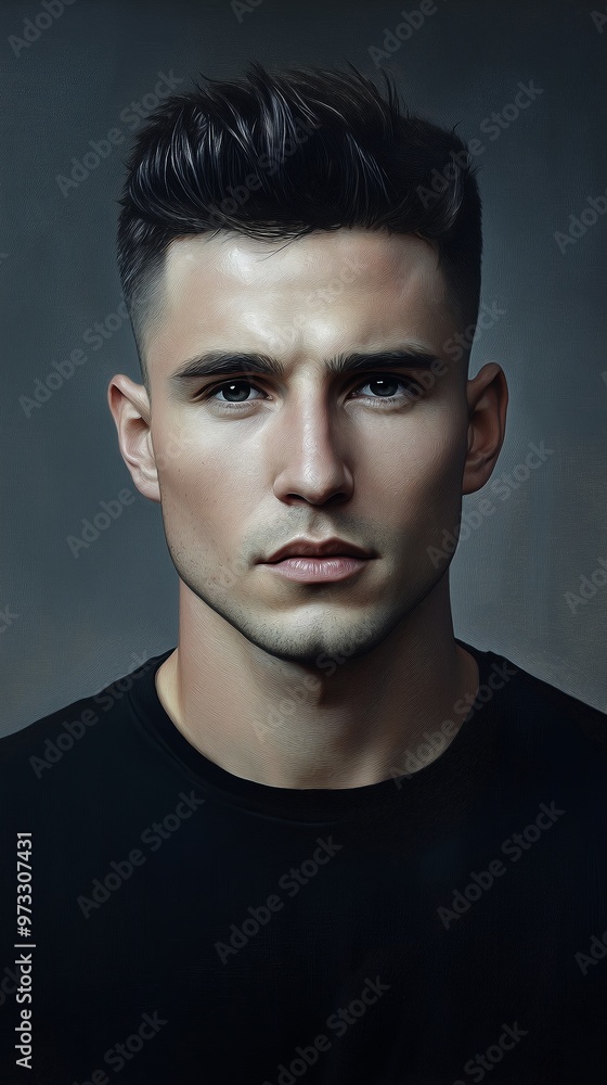 A close-up portrait of a young man with short hair, wearing a black shirt, captured in soft lighting A close-up portrait of a young man with short hair, wearing a black shirt, captured in soft lighting