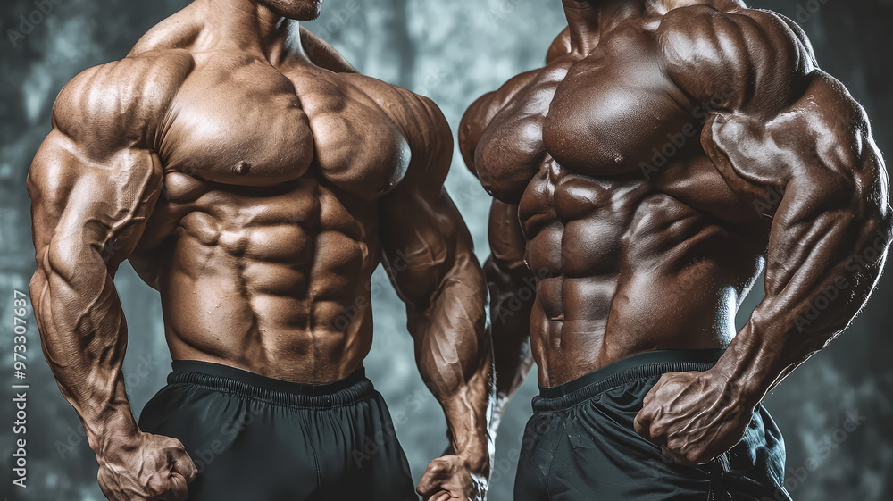 Muscular bodybuilders flexing their abs showcase impressive physiques and strength Muscular bodybuilders flexing their abs showcase impressive physiques and strength