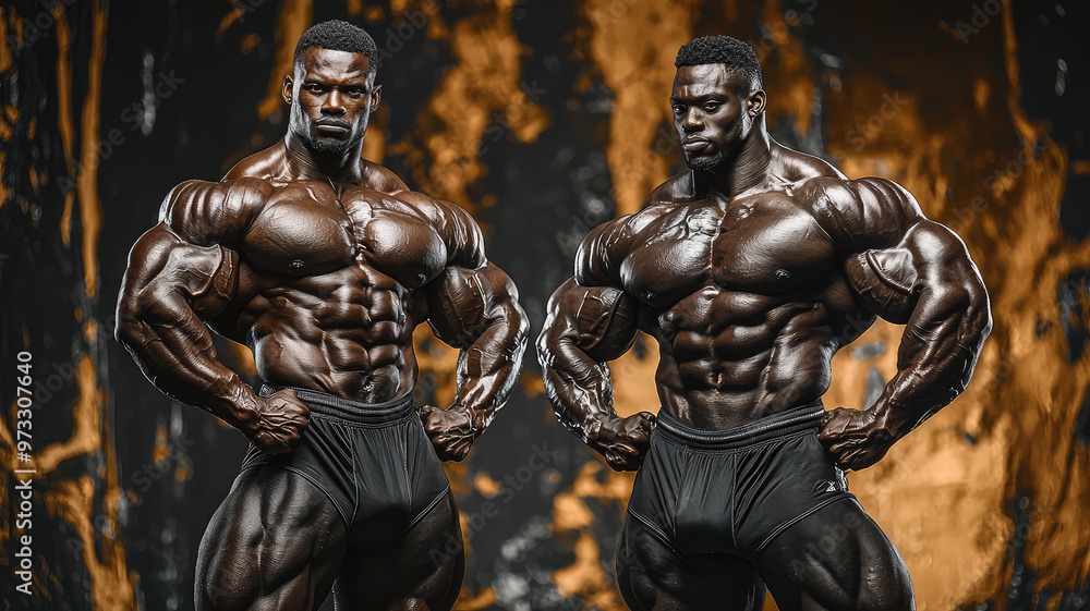 Bodybuilders flexing their impressive abs, showcasing strength and dedication Bodybuilders flexing their impressive abs, showcasing strength and dedication