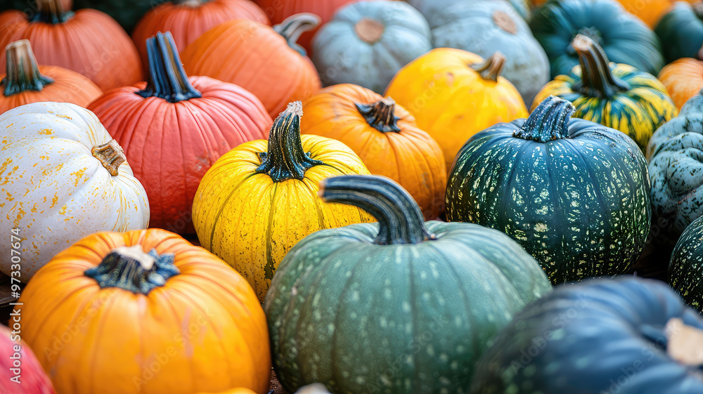 Brightly colored squash and pumpkins create vibrant autumn display Brightly colored squash and pumpkins create vibrant autumn display