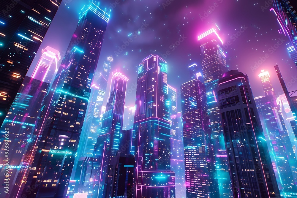 Fototapeta premium Metaverse cityscape with digital coin skyscrapers, vibrant neon lights, immersive virtual environment.