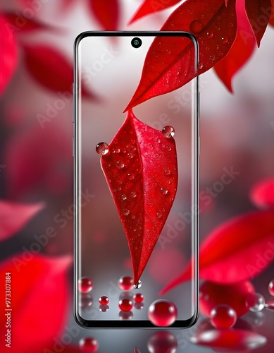 MObile mockup, with different color of wall paper , and blur background , droplets on leaves 3D wallpapers photo