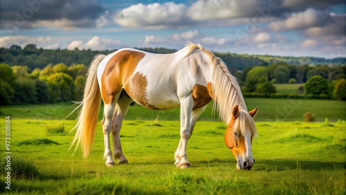 Unusual white and tan horse grazing in an English field, mammal, animal, nature, landscape, English, unusual, farm,horse, white, grazing, countryside, grazing, peaceful, pasture, wildlife photo