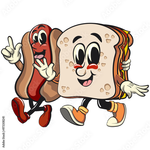 sandwich bread cartoon character mascot retro vector design walking with the hotdog character mascot, work of hand drawn