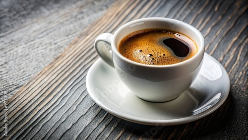 background, hot, coffee shop, A close up of a black espresso coffee in a white cup against a grainy texture background with leading lines from the bottom left corner towards the cup