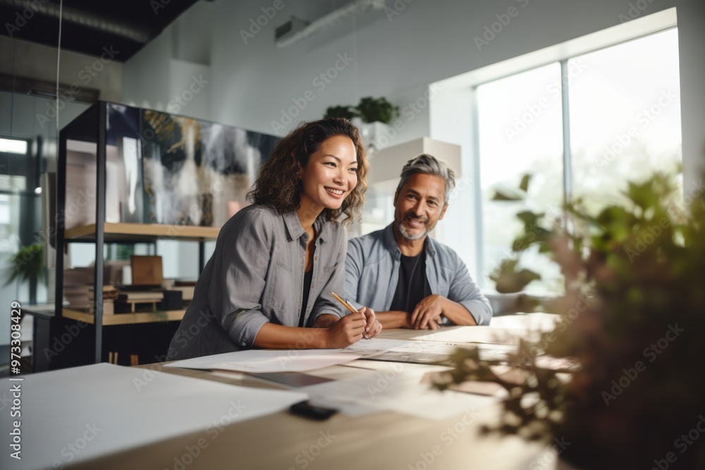 A confident woman in business attire stands with a cup of coffee, smiling warmly in a bustling, well-lit office environment. A confident woman in business attire stands with a cup of coffee, smiling warmly in a bustling, well-lit office environment.