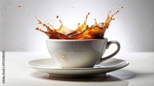 A white coffee cup with a splash of coffee on top of it seen from a low angle perspective, delicious, splash, isolated, black, object, coffee, kitchenware, tableware, drink, liquid