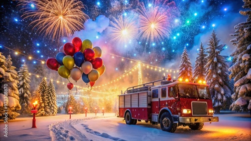 Celebratory fireworks illuminate a fire truck decorated with festive lights and balloons, surrounded by sparkling confetti in a joyful winter scene at night. photo