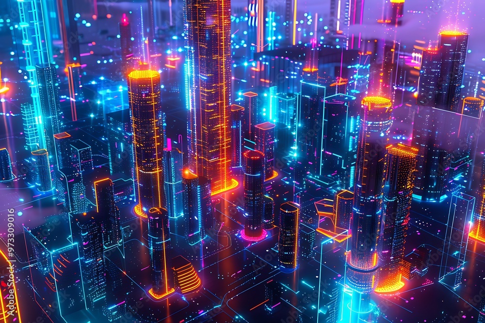Metaverse cityscape with digital coin skyscrapers, vibrant neon lights, immersive virtual environment, interconnected blockchain elements. Metaverse cityscape with digital coin skyscrapers, vibrant neon lights, immersive virtual environment, interconnected blockchain elements.