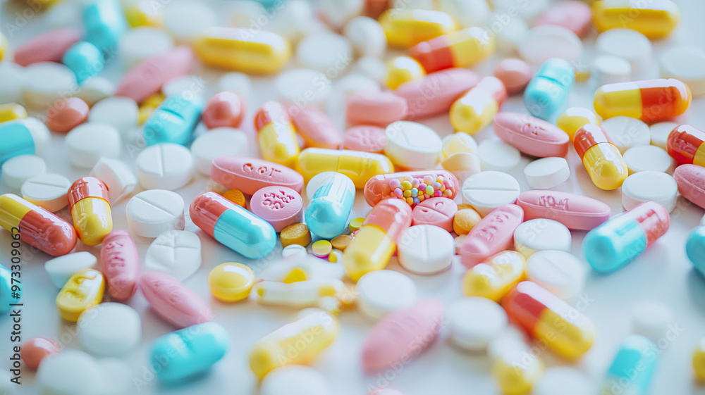 Colorful pills scattered across white surface create vibrant scene Colorful pills scattered across white surface create vibrant scene