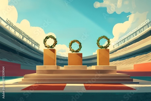 A digital artwork of an Olympic gold medal podium with laurel wreaths in a stadium setting. photo